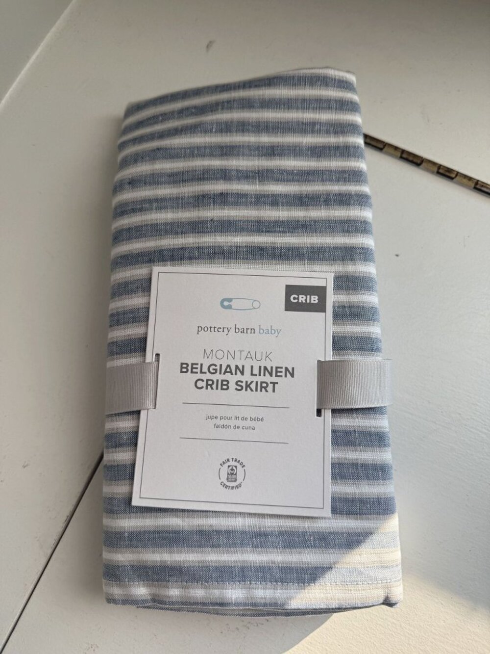 NWT Pottery Barn Baby Montauk Belgian Linen Crib Skirt Blue Striped [jb]